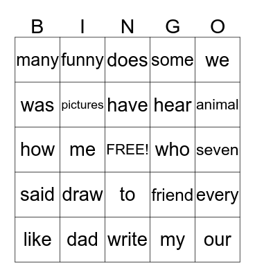 Words to Know Bingo Card