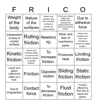 Friction Revision Bingo Card