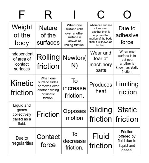 Friction Revision Bingo Card