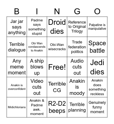 Star Wars Episode 2 Bingo Card