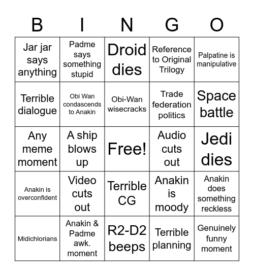 Star Wars Episode 2 Bingo Card