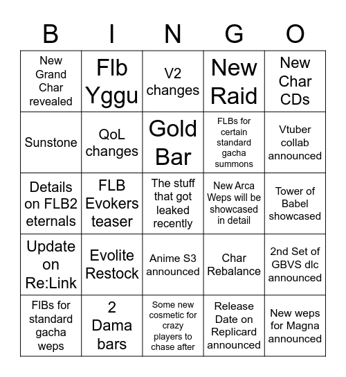 GBF Summer Stream 2020 Bingo Card