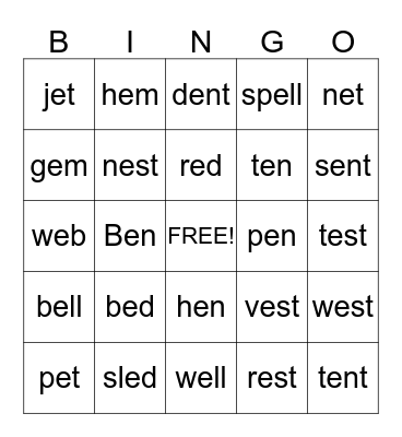Short /e/ Vowel Sound  Bingo Card