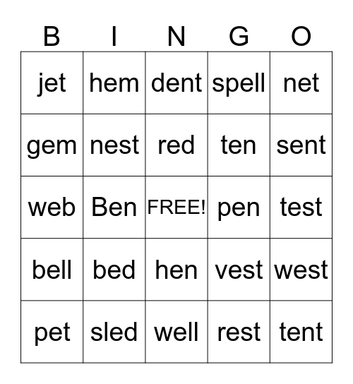 Short /e/ Vowel Sound  Bingo Card