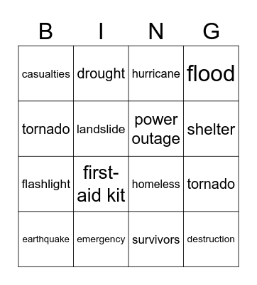 Weather events, supplies and disasters Bingo Card
