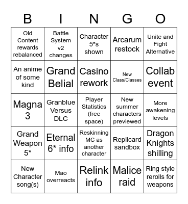 Granblue Summer Stream Bingo Card