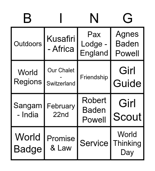WAGGGS Bingo Card