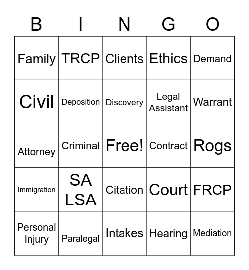 Legal Support Bingo Card