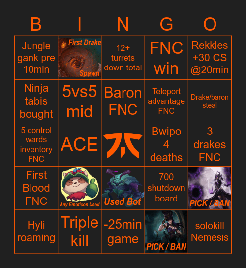 FNC vs Excel Bingo Card