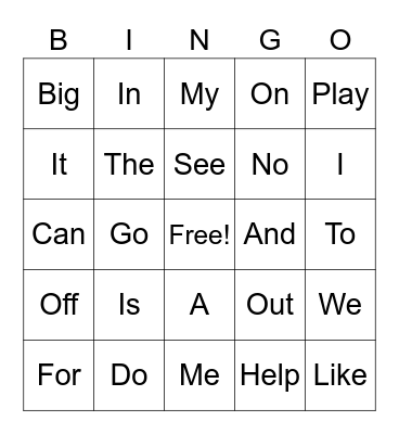 Sight Words Bingo Card