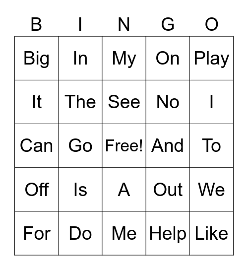 Sight Words Bingo Card