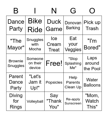 Covid-19 Pool Palooza Bingo Card
