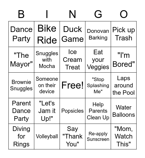Covid-19 Pool Palooza Bingo Card