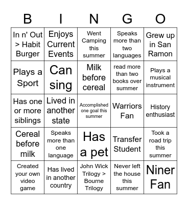 Interesting Personal Facts Bingo Card