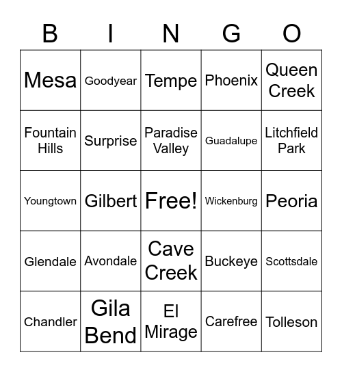 Maricopa County Cities and Towns Bingo Card