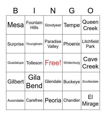 Maricopa County Cities and Towns Bingo Card