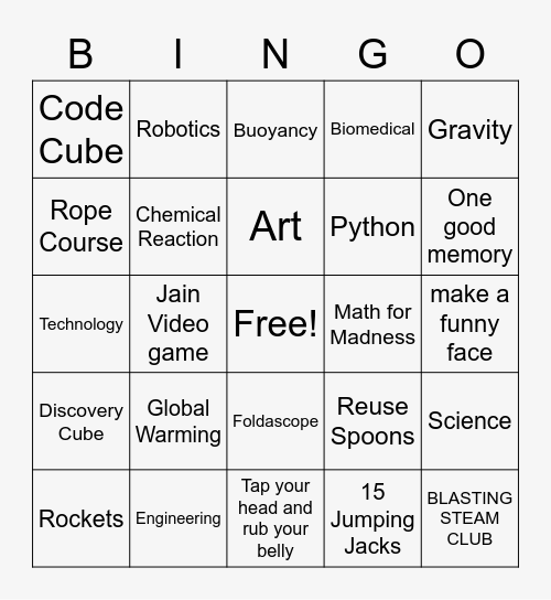 Blasting STEAM Club Bingo Card