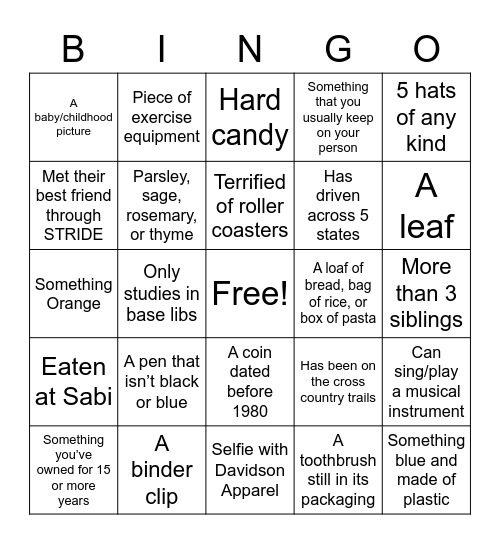STRIDE Scavenger Hunt Bingo Card