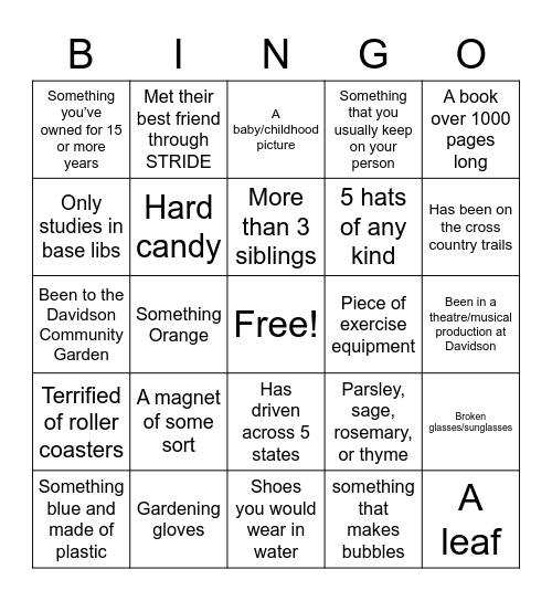 STRIDE Scavenger Hunt Bingo Card