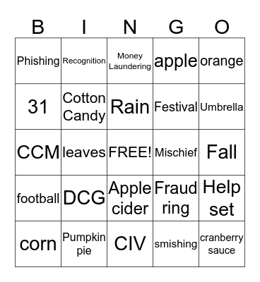 Fall Fraud Bingo Card