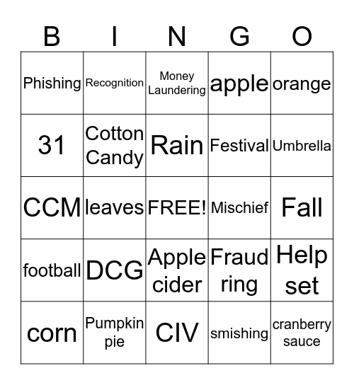 Fall Fraud Bingo Card