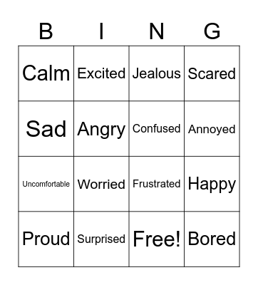 Emotions Bings, Emotions Bingo Card