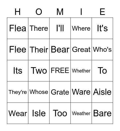 Homophones Bingo Card