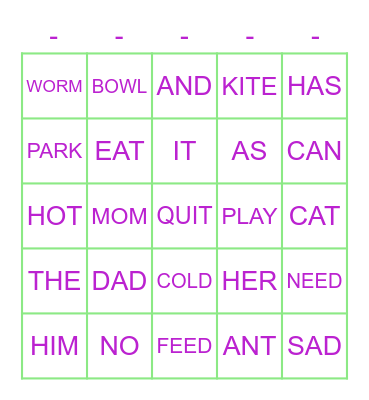 Sight Word BINGO Card