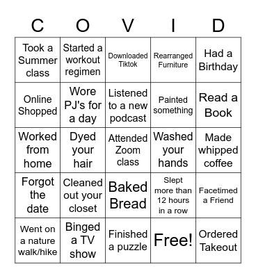 Quarantine Bingo Card