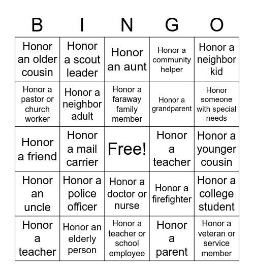 Honor Bingo Card