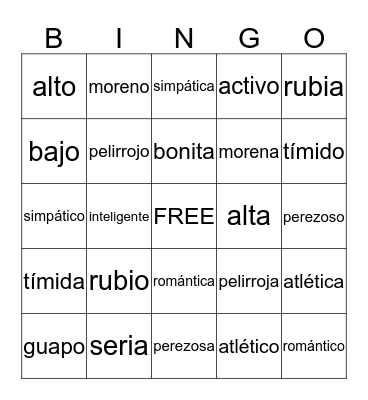 Spanish Adjectives Bingo Card