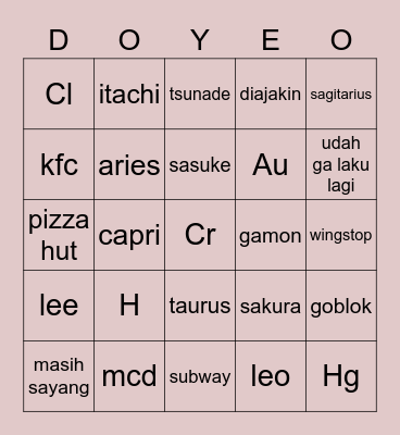 kurang n Bingo Card