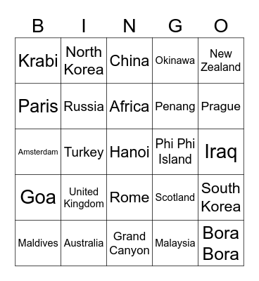 Vacation Destinations Bingo Card