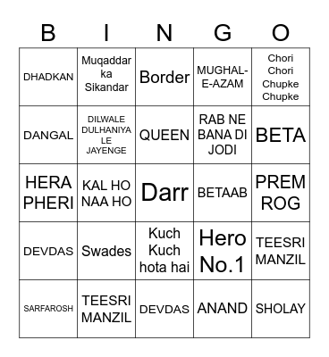 musical BOLLYWOOD Bingo Card