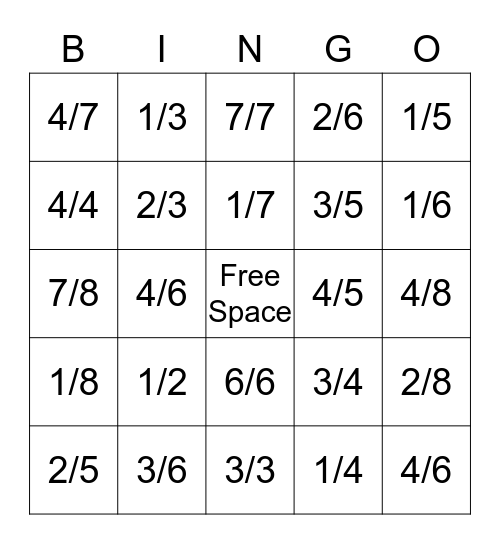 Fraction Bingo Card