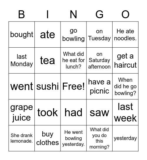 5 A Day Out Food and Drink Things to Do Bingo Card