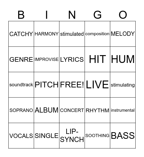 Music Bingo Vocabulary Bingo Card