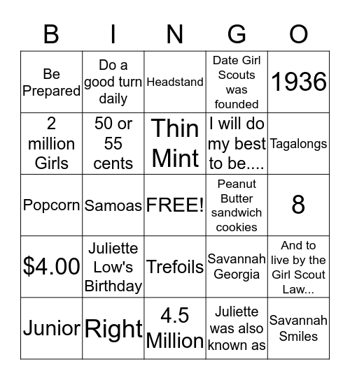 Girl Scouts Bingo Card