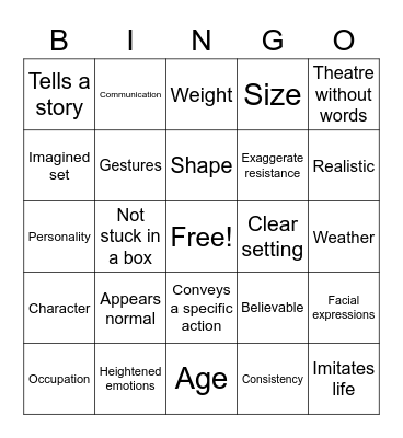 Pantomime Bingo Card