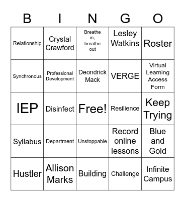 CCHS Welcome Back! Bingo Card
