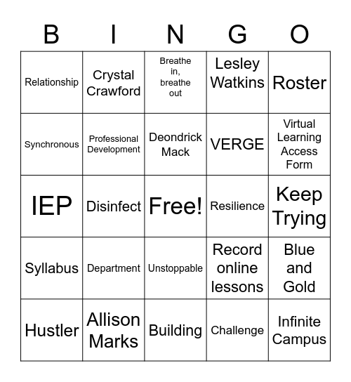 CCHS Welcome Back! Bingo Card