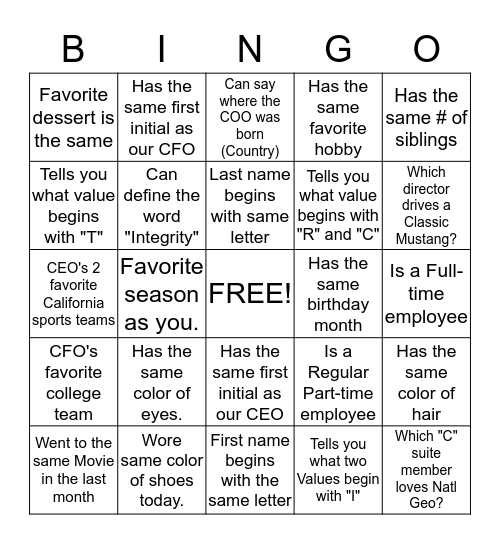 Getting to Know You Bingo Card