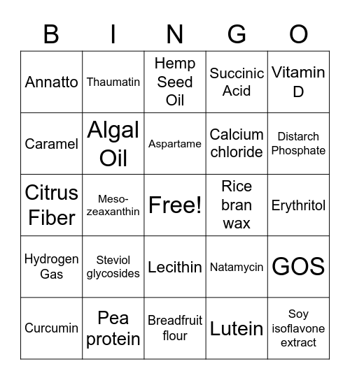 Food Ingredients Bingo Card