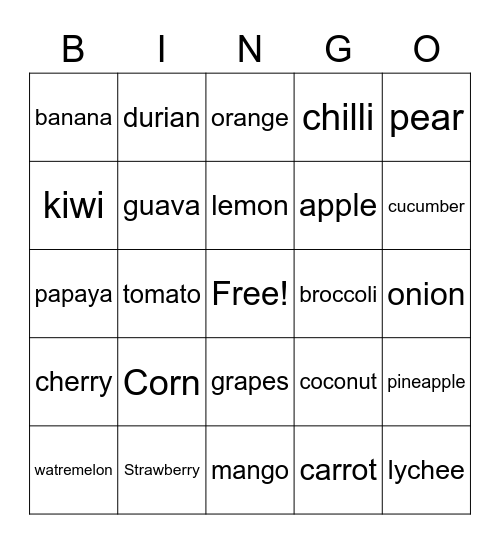 Fruits and Veggies Bingo Card