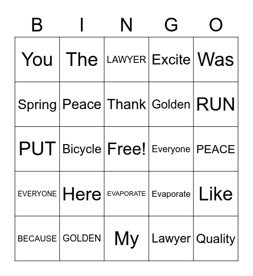 Vocabulary Bingo Card