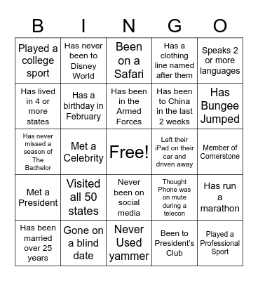 Get to know you Bingo Card