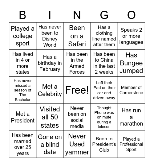 Get to know you Bingo Card