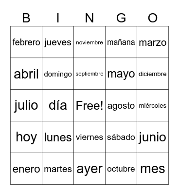 Calendar Spanish Bingo Card