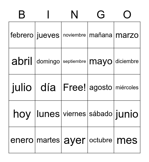 Calendar Spanish Bingo Card