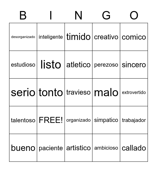 Adjectivos Spanish Bingo Card